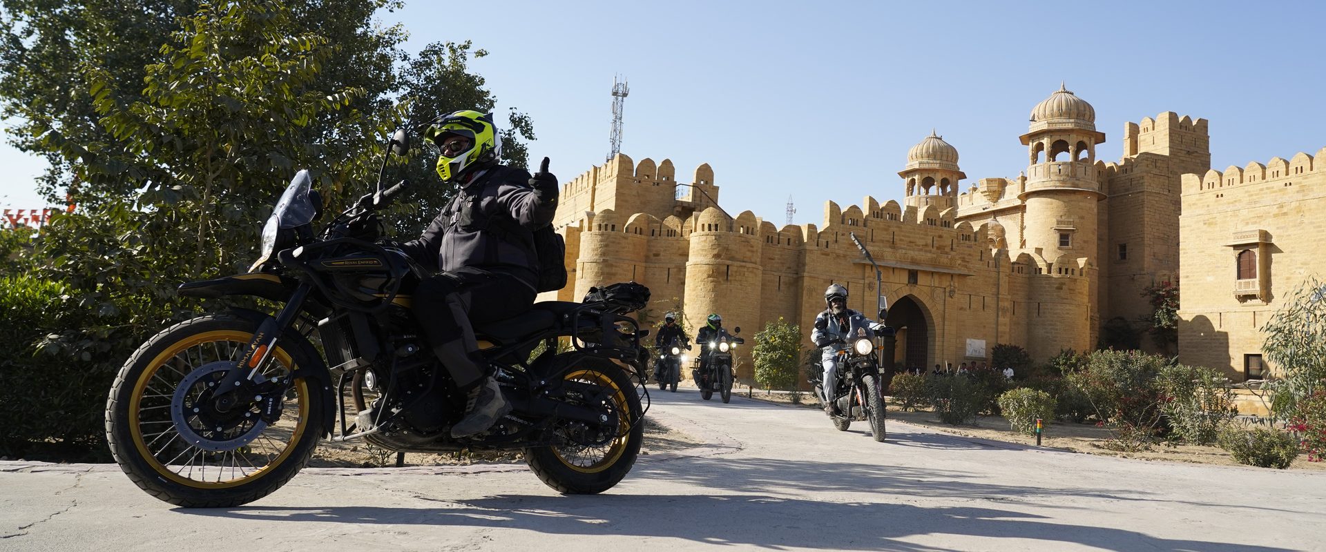 Riders outside a fort in Rajasthan